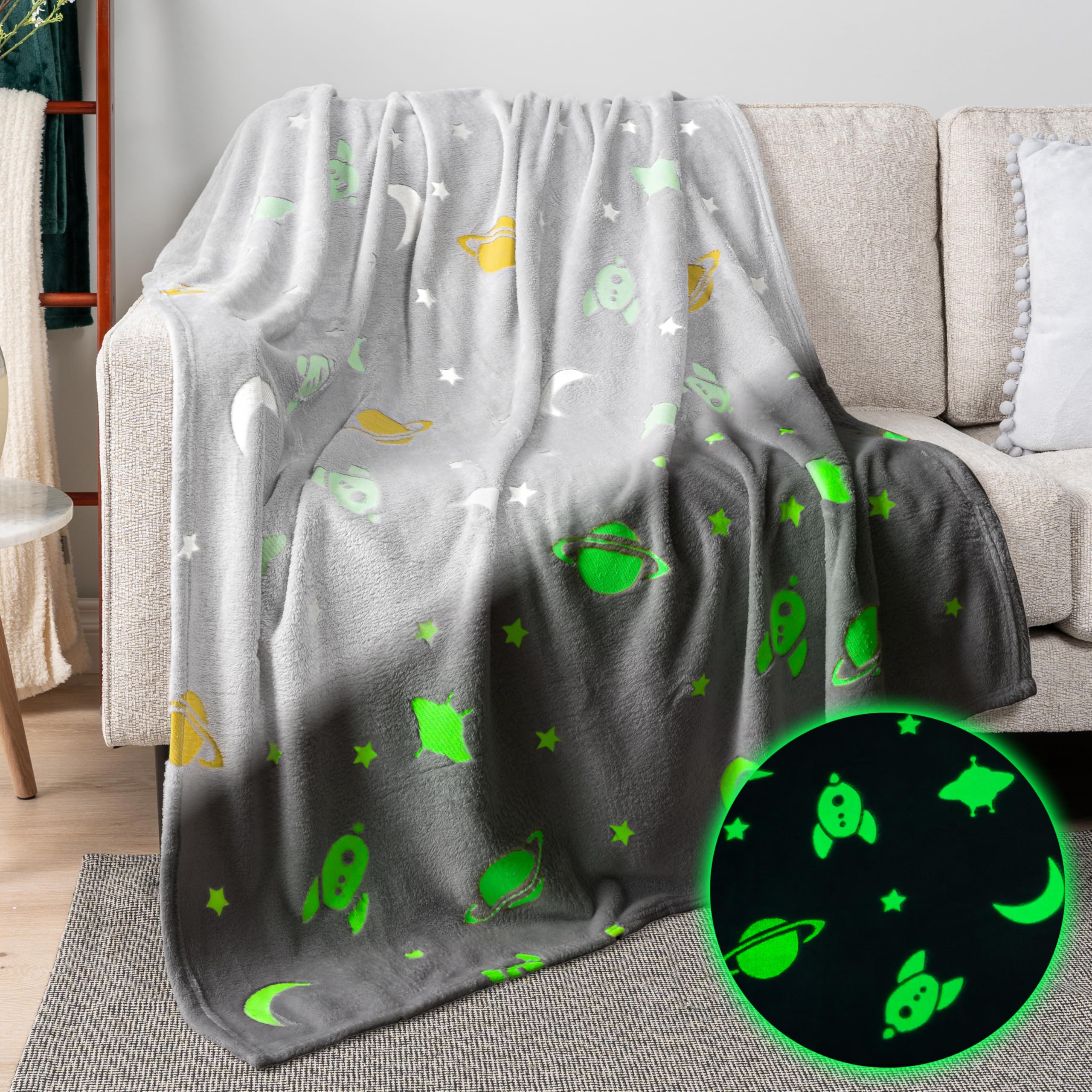 Pavilia Glow In The Dark Blanket, Spaceship Space Gift For Girls Boys, Toy Blanket For 1 2 3 4 5 6 7 8 9 10 Year Old Boy, Soft P